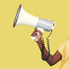 Image showing Black woman, hands and megaphone on mockup for announcement, advertising or marketing against a yellow studio background. Hand holding bullhorn for loud voice, speech or news on mock up or copy space