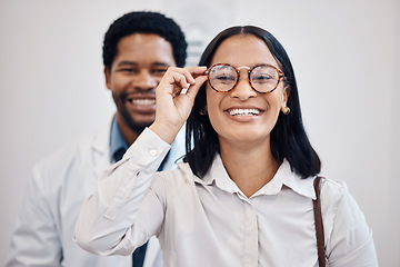 Image showing Optometrist, client and glasses portrait for vision, mirror pov and customer service with new lens frame. Face of happy black woman, professional person or doctor for eyes healthcare and store test