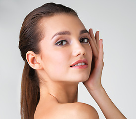 Image showing Beauty, skincare and confident with portrait of woman for cosmetics, natural and attractive. Vitality, glow and fresh treatment with face of model for self care, makeup or radiant on grey background