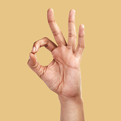 Image showing Hands, perfect and ok sign of person in support, vote or approve decision on color background. Closeup fingers, yes and okay gesture of model with body language of agreement, emoji review and studio