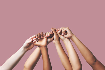 Image showing Hands, support and people in unity, togetherness and solidarity on pink studio background. Women outreach, hand and friends group and team, teamwork or diversity, collaboration and trust isolated