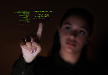 Image showing Night, code and woman with programming, hologram and cyber security for protection, digital information and data analysis. Female programmer, coder and worker with holographic and future technology