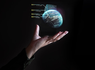 Image showing Hand, globe and hologram overlay with a user of ai or 3d technology accessing the metaverse for space travel. World, software and holographic with a person using a ux interface or dashboard