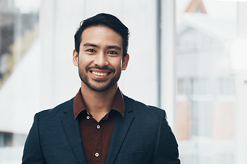 Image showing Office portrait, leader or happy business man, manager or CEO smile for startup company success. Management pride, corporate employee or face of confident worker, businessman or professional designer