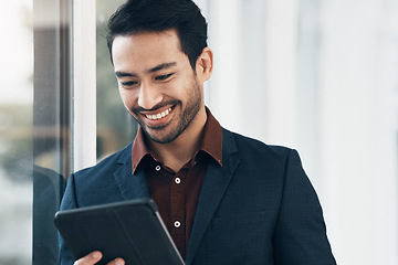 Image showing Office, tablet and business man happy for positive financial savings, finance budget report or administration feedback. Growth analytics, data analysis review and person smile for research statistics