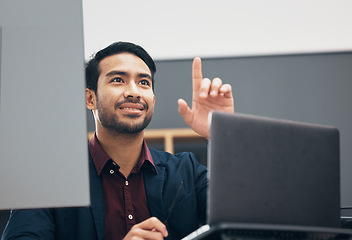 Image showing Virtual screen, laptop and man pointing at UX web design, app wireframe or website digital transformation. Information technology dashboard, AI hud and graphic designer rendering multimedia software