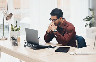 Image showing Laptop, stress migraine or man sad over financial crypto crisis, forex stock market crash or NFT investment mistake. Burnout problem, 404 fintech fail or tired man worry over bitcoin database glitch