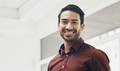 Image showing Office portrait, agent and happy business man, manager or leader smile for startup company success. Management, corporate employee and face of Bangladesh worker, businessman or professional designer