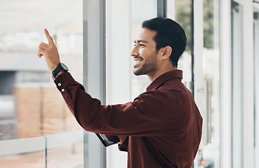 Image showing Window, invisible hologram and business man in office with hand gesture for digital, virtual tech and ai. Network, technology mockup and happy male touch glass on tablet for internet, research and ux