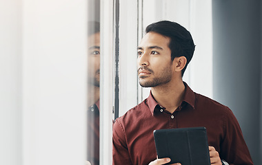 Image showing Tablet, window and Indian man thinking, concentration and planning digital business project idea. Startup, development and assessment online for new property design, architect brainstorming in office