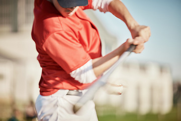 Image showing Man, bat or hitting baseball in motion blur, game or match in stadium, park or games arena for fitness, workout or competition. Athlete, softball or player in batting with equipment on sports field