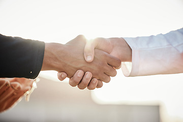 Image showing Baseball, sports respect or handshake for team greeting or introduction on stadium field together. Zoom of men shaking hands in softball match or game in competition, training or workout exercise