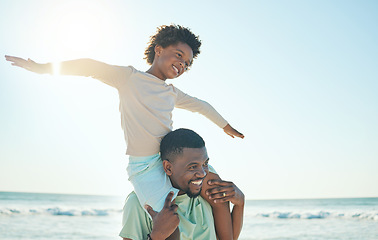 Image showing Happy father, excited child and beach fun with boy on dad shoulders with parent care or bonding. Outdoor, sea and summer holiday of black family on vacation with happiness and playing with sky mockup