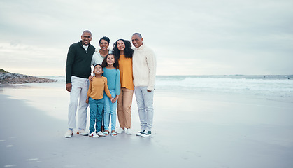 Image showing Portrait of grandparents, parents and children on beach enjoying holiday, travel vacation and weekend together. Big family, love and happy group smile for bonding, quality time and relax by ocean