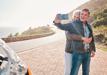 Image showing Mountain, bikers and couple taking a selfie together while on an adventure, vacation or weekend trip. Freedom, nature and senior man and woman in retirement taking a picture while on a motorbike ride