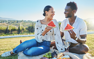 Image showing Watermelon, love or black couple on a picnic to relax on a summer holiday vacation in nature or grass. Partnership, romance or happy black woman enjoys traveling or bonding with a funny black man