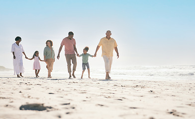 Image showing Mockup, love and family on beach, walking and happiness for summer vacation, quality time and relax. Grandparents, mother and father with children on seaside holiday, ocean water waves and traveling