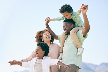 Image showing Family, parents and children, travel and vacation at beach, love and care, fun and freedom outdoor. Support, unity and happiness, mother and father with kids and happy people on holiday in Australia