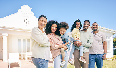 Image showing Portrait of generations of black family outside new home, real estate, investment and mortgage with security. Grandparents, parents and children standing together, homeowners with smile and happiness