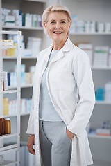 Image showing Pharmacy portrait, pharmacist and smile of woman in drugstore or medicine shop. Healthcare, doctor wellness and happy, proud and confident senior medical professional from Canada with career pride.