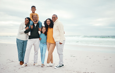 Image showing Portrait, mockup and family on beach, holiday and relax together for quality time, smile and break. Love, grandparents, children and mother with father, vacation and happiness for seaside journey