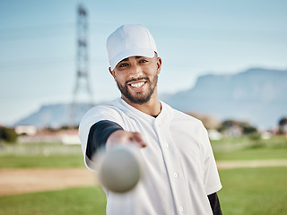 Image showing Man, bat or baseball player portrait on field, sports grass or arena grounds for game, match or competition workout. Smile, happy or softball athlete in fitness, pitcher exercise or training stadium