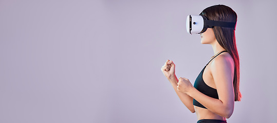 Image showing Vr, fitness metaverse and woman in studio isolated on a purple background mockup. 3d gamer, virtual reality and female athlete with futuristic headset for gaming, fighting and fantasy simulation.