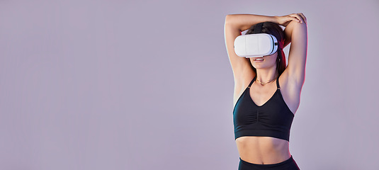 Image showing Vr, fitness and woman stretching arm in metaverse studio isolated on purple background mockup. 3d exercise, virtual reality or female warm up, workout or training with futuristic tech for esports.