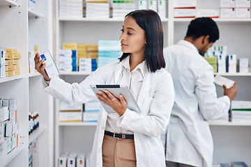 Image showing Pharmacy stock tablet, Indian pharmacist and nurse checklist of medicine and pills. Woman, digital work and pharmaceutical products in a retail shop or clinic with healthcare and wellness employee