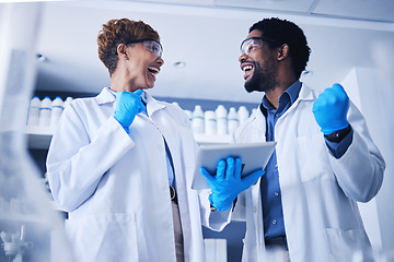 Image showing Tablet, scientist or success teamwork in lab for DNA research, innovation or medicine. Happy doctors, celebration or medical black people for science collaboration, healthcare study and winning goal