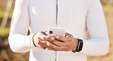 Image showing Phone, fitness app and nature, hands of man and in countryside looking at gps direction or map information online. Mobile, location service and smartphone, person on internet search with smartwatch.