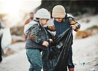 Image showing Recycling, environment and children with plastic bags, beach and sustainability for climate change project. Friends, kids and volunteers reduce waste, child development and teamwork for pollution