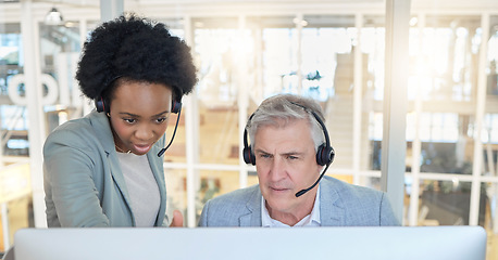Image showing Help desk, teamwork and opinion, black woman with man at computer at call center. Customer service consultant team at online office, support and training at advisory agency with diversity and trust.
