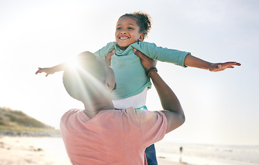 Image showing Black man, girl and airplane game at ocean on playful family holiday in Australia with freedom and energy. Travel, fun and happy father and child with smile playing and bonding together on vacation.