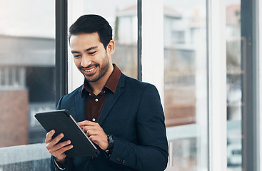 Image showing Office tablet, typing and man happy for positive financial savings, finance budget report or administration feedback. Growth analytics, data analysis review and person smile for research statistics