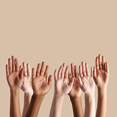 Image showing Diversity mockup, reaching and group of hands on studio background for question, asking and vote. Teamwork, support and open palms of people raised for volunteering, voting and opinion on copy space