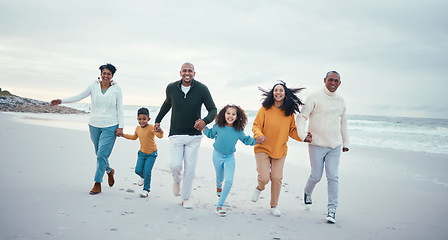 Image showing Running, smile and portrait of family on beach enjoy holiday, travel vacation and weekend together. Love, happy and grandparents, mom and dad with kids holding hands for bond, quality time and fun