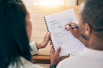 Image showing Couple, hands and form for pension fund, retirement plan or reading document together for funding at home. Man and woman with pen writing or filling in application as pensioner for old age allowance