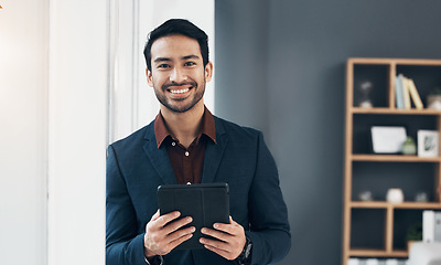 Image showing Portrait, tablet and smile of business man in office with pride for career or job. Technology, ceo and Asian, professional or happy, confident and proud entrepreneur from Singapore with touchscreen.