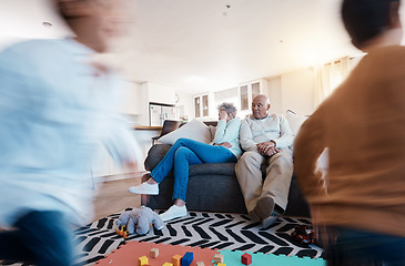 Image showing Adhd, children and family with headache, stress and anxiety for autism management, energy fatigue and childcare problem. Frustrated and tired senior grandparents, chaos and hyper or fast kids running