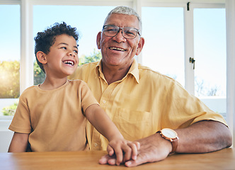 Image showing Happy, smile and portrait grandfather and child for family bonding, generations and relax. Affectionate, free time and weekend with old man and grandson at home for care, happiness and break