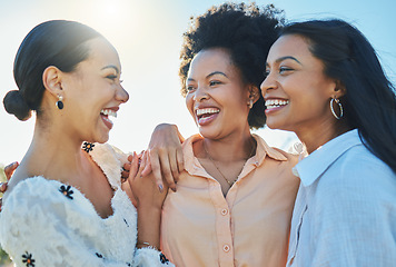 Image showing Friends, happy and women hug outdoor in nature, travel and adventure with lens flare, day out in the sun for summer holiday. Happiness, care and together with love and bonding on vacation in Brazil.