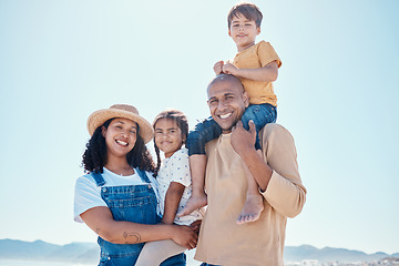 Image showing Family piggyback, portrait and smile at beach on vacation, having fun and bonding with mockup. Holiday, relax and care of happy father, mother and kids or children by seashore enjoying time outdoors.