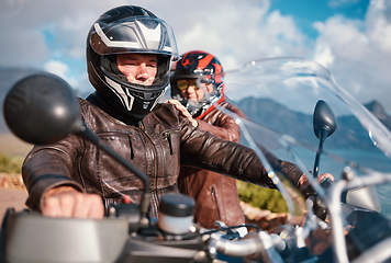 Image showing Travel, motorbike and senior couple on vacation, retirement and quality time outdoor. Love, mature man and old woman on motorcycle, road trip and summer holiday for break, bonding and loving together