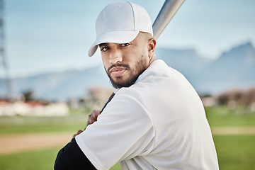 Image showing Baseball batter, portrait or face of man in a game competition, training match on stadium pitch. Softball exercise, fitness workout or serious player playing on field in summer with focused mindset