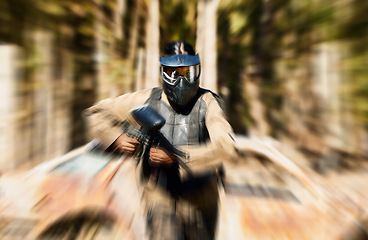 Image showing Soldier, paintball and running with gun for intense battle or war in the forest pushing to attack. Active paintballer rushing or moving fast in extreme adrenaline sport for solo, weapon or camouflage