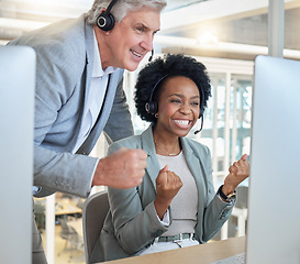 Image showing Call center, winning business people and success, fist pump or achievement of telemarketing sales, profit or target goals. Professional consultant, agent or winner employees yes for bonus on computer