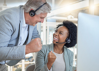 Image showing Call center, winner business people and success, fist pump or achievement of telemarketing sales, profit or target goals. Professional consultant, agent or winning employees yes for bonus on computer