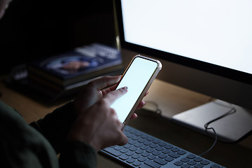 Image showing Blank computer, phone screen and woman hands typing on technology for coding. Mobile connection, 404 glitch and programming on it software in the dark with a female coder employee at a office desk