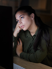 Image showing Tired, computer and bored woman working at night in office, unhappy and frustrated with internet glitch on dark background. Startup, burnout and female at work late for deadline, 404 or boring task